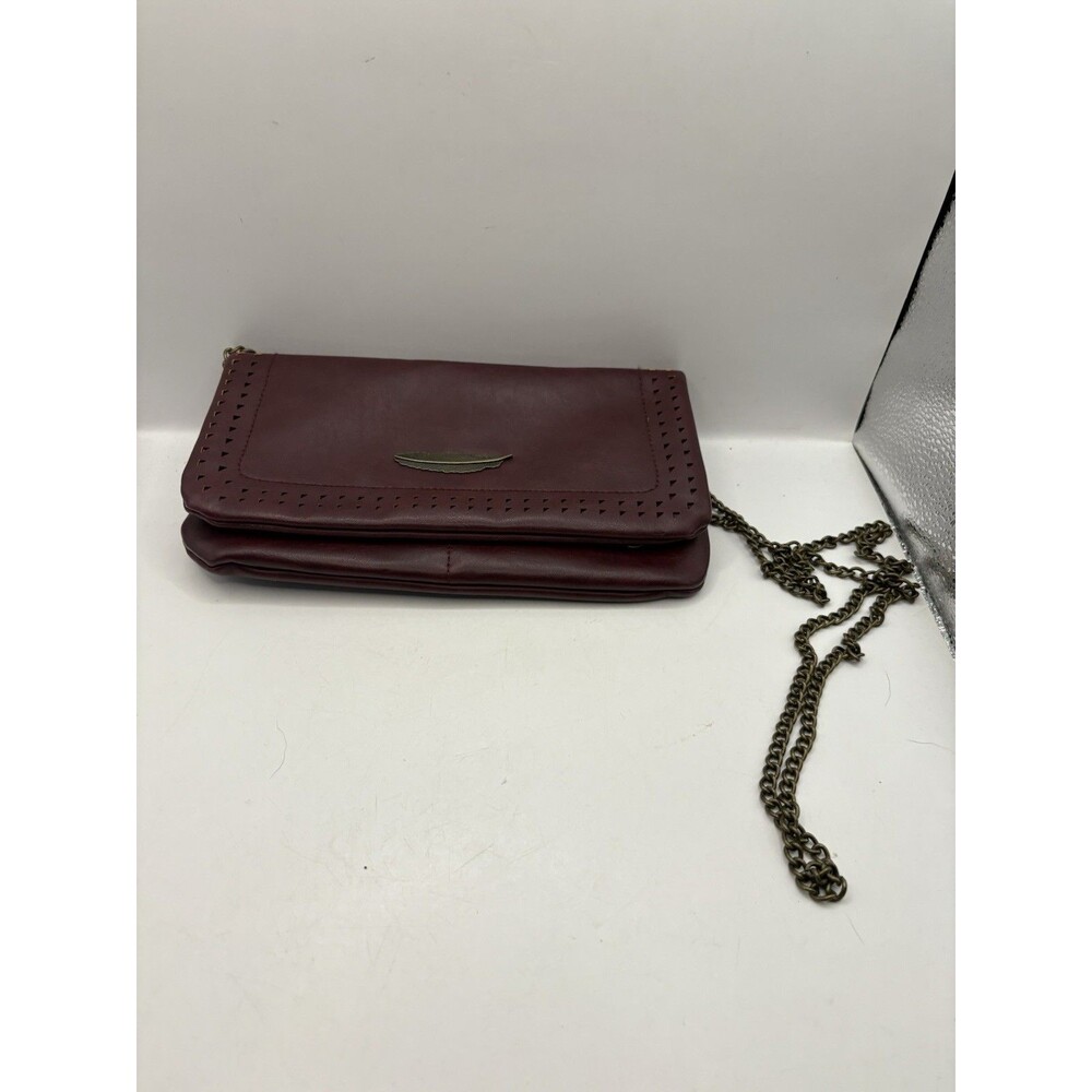 Francesca’s Faux Leather Crossbody Feather Bag Burgundy Metal Chain Vegan